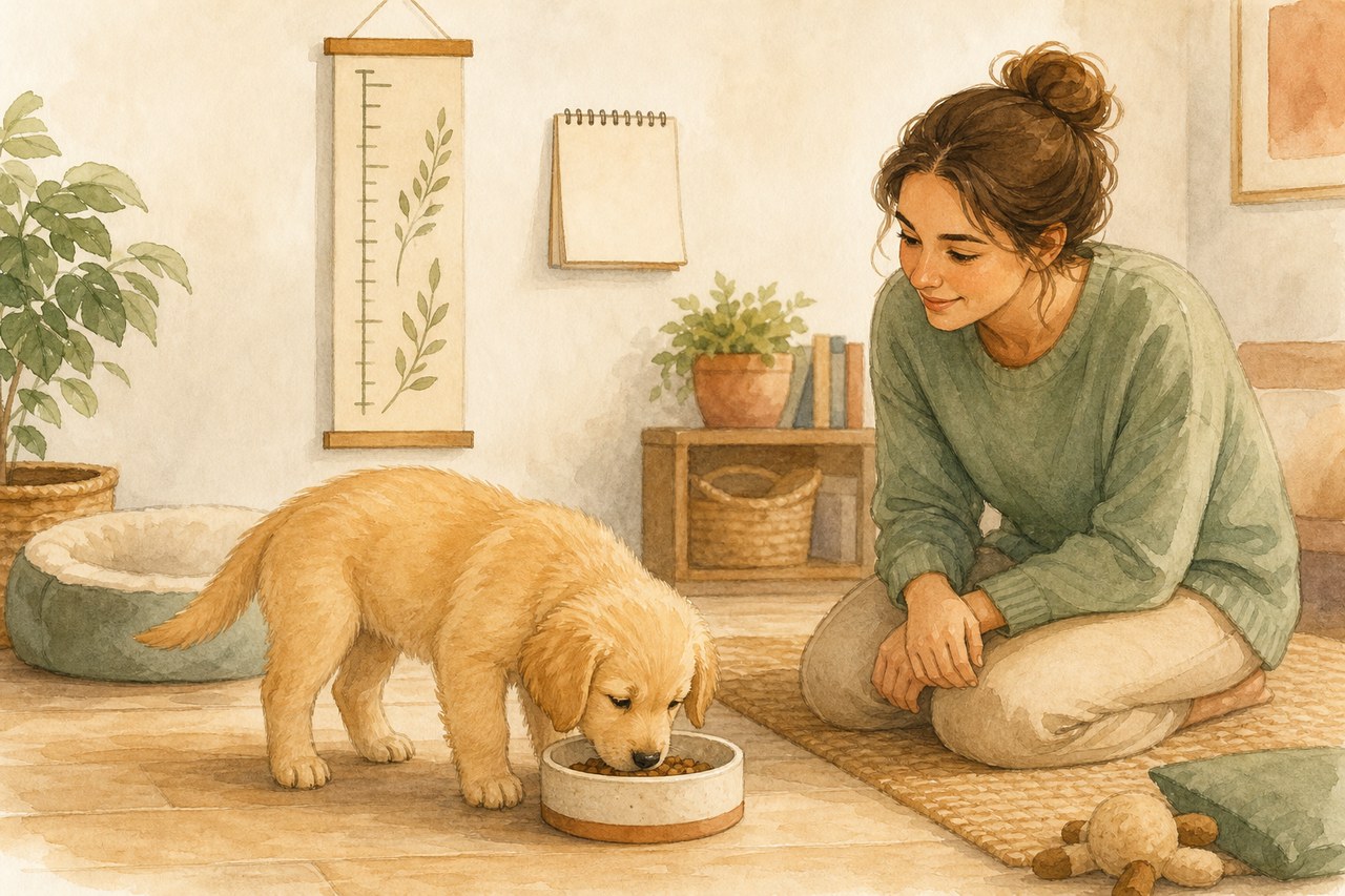 飼い主が見守る中、子犬が落ち着いて食事をする様子
