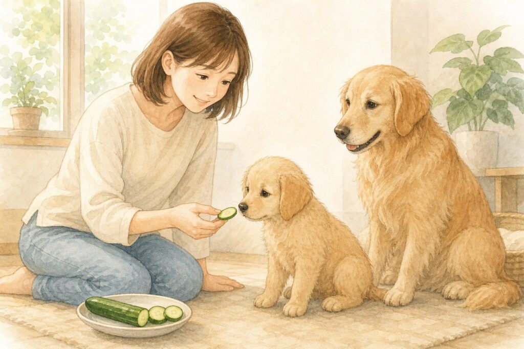 飼い主が子犬に小さなきゅうりを見せるイラスト