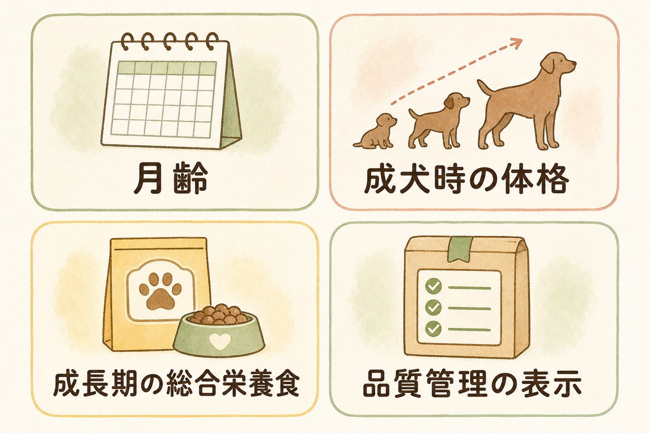 子犬用フード選びの4つの確認項目を示す図