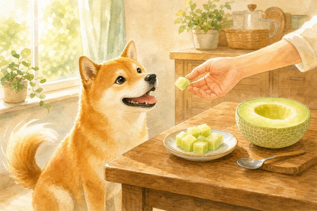 柴犬が飼い主から一口大のメロンをもらう様子