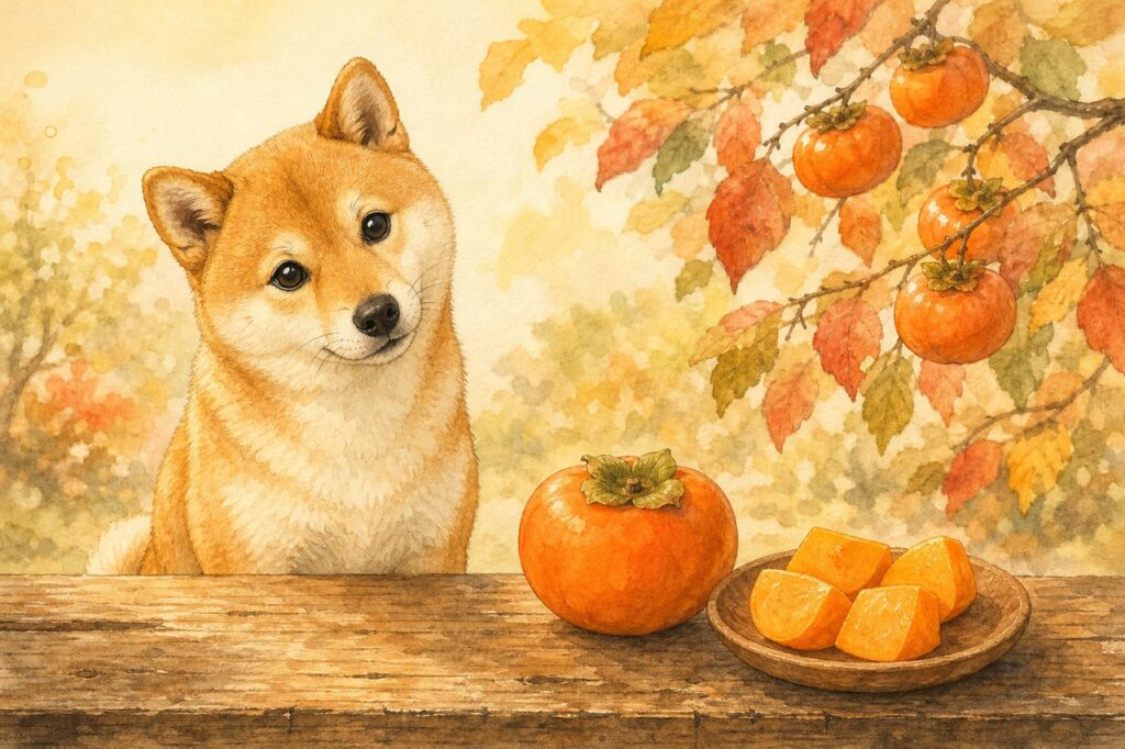 柿を見つめてお座りする柴犬風の犬と小さく切った柿