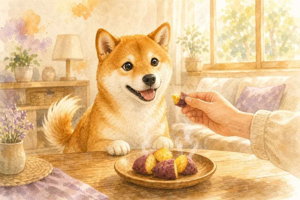 湯気の立つさつまいもを前に喜ぶ柴犬のイラスト