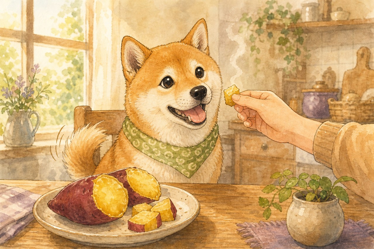 蒸したさつまいもを嬉しそうに見つめる柴犬のイラスト