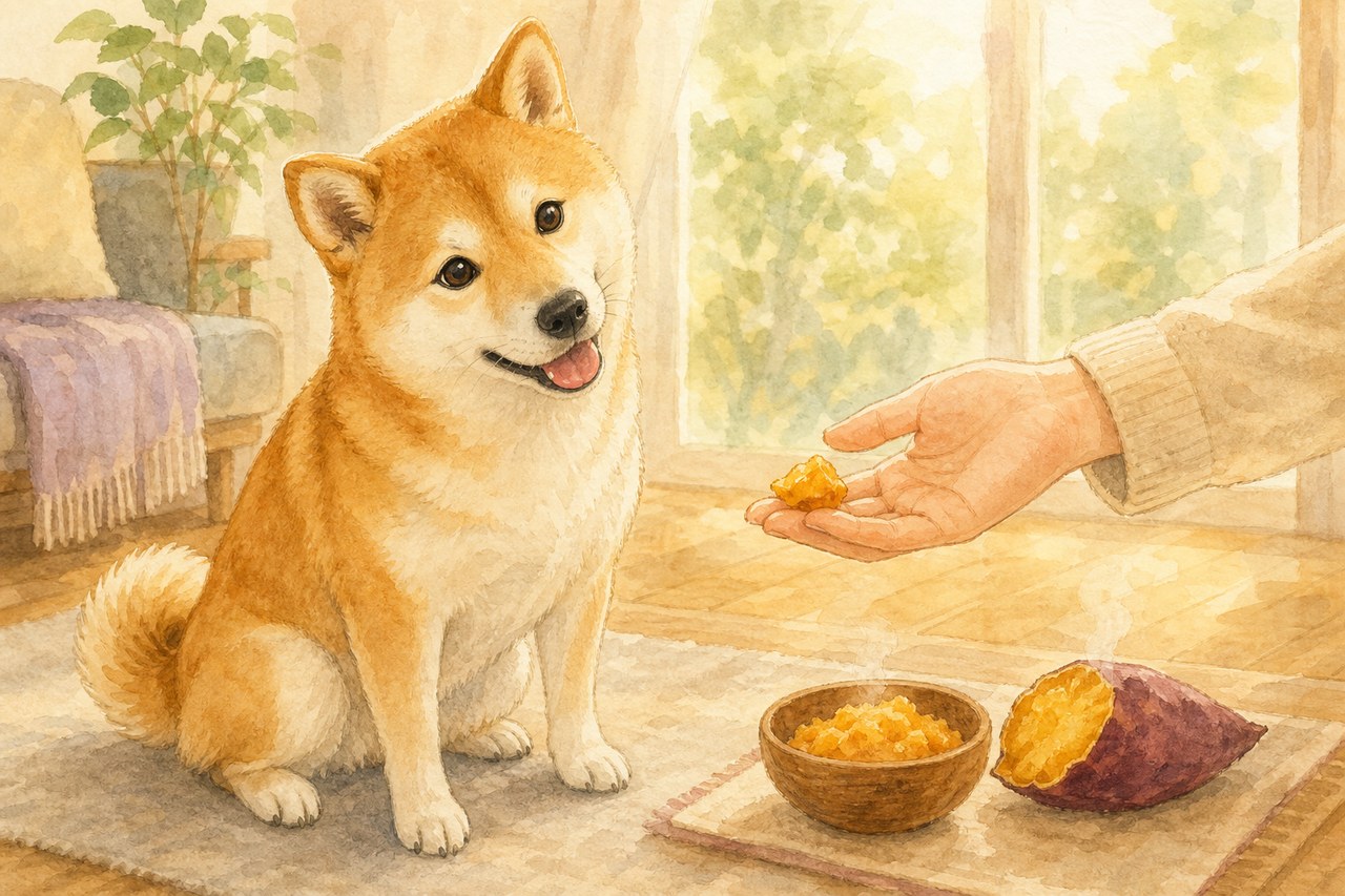 飼い主の手から少量のさつまいもをもらう柴犬