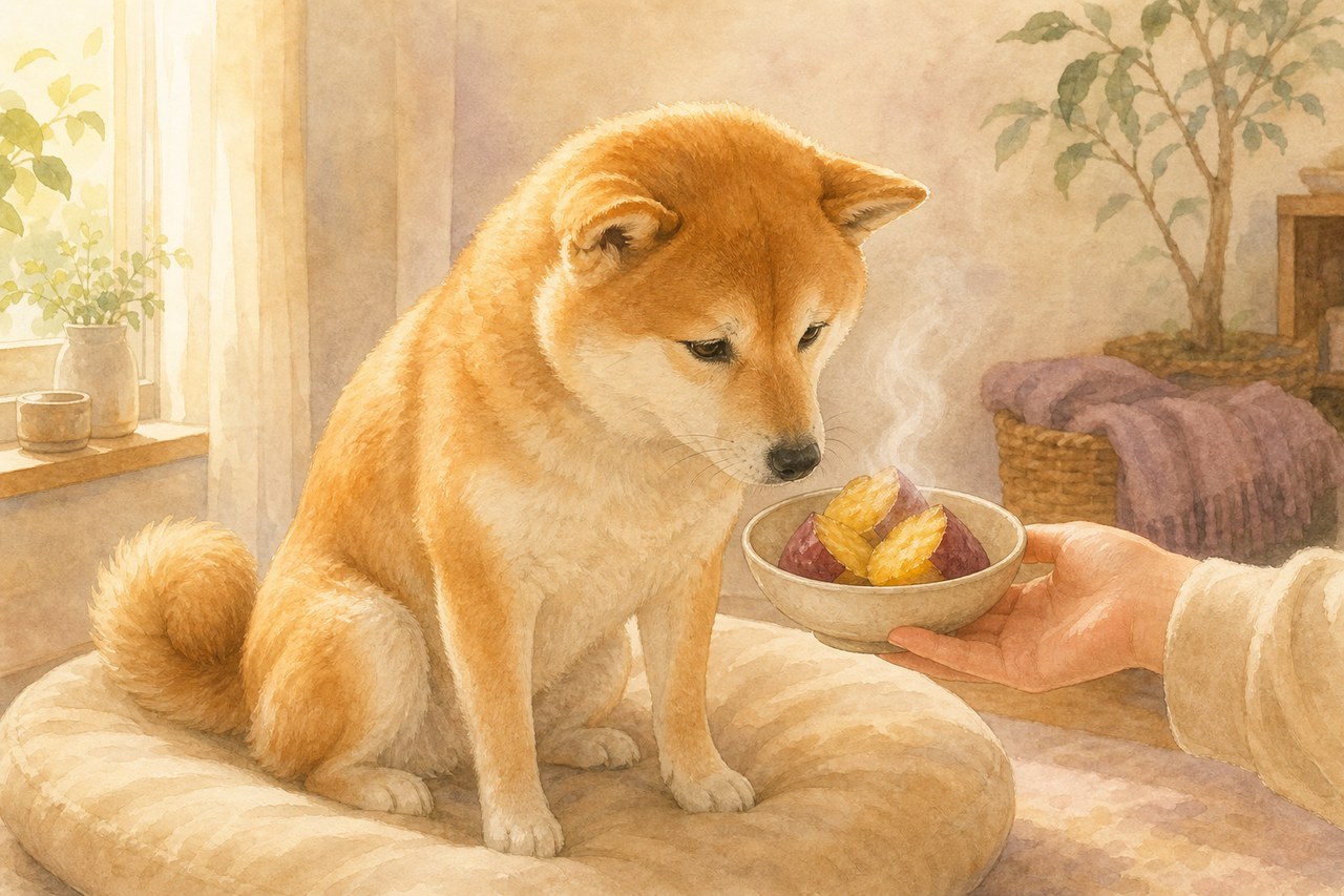 食欲のない犬に蒸したさつまいもを差し出す場面