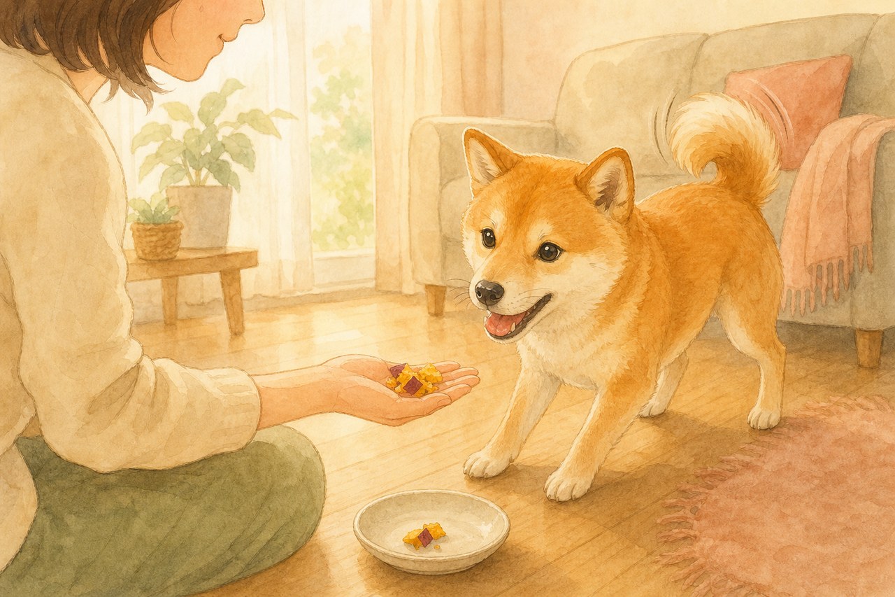 手のひらから少しずつさつまいもを食べる犬のイラスト