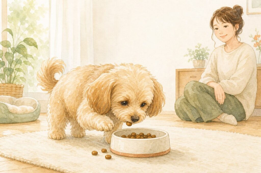 犬が器のフードを一粒ずつ食べ、飼い主が静かに見守る様子
