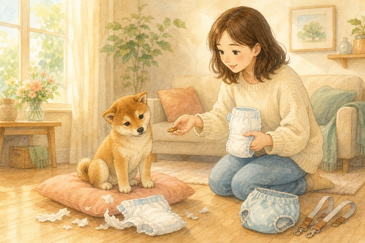 オムツを噛みちぎった犬に優しく寄り添う飼い主