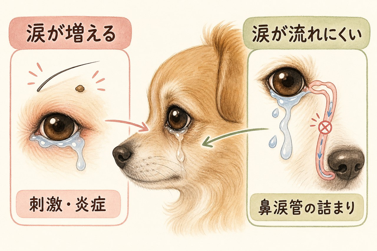 涙が増える場合と鼻涙管が詰まる場合を示す犬の図解