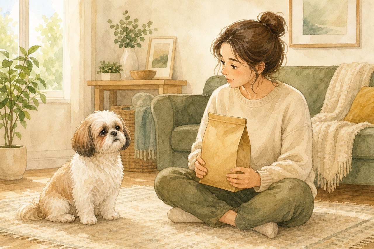 フード袋を手に犬の様子を見守る飼い主