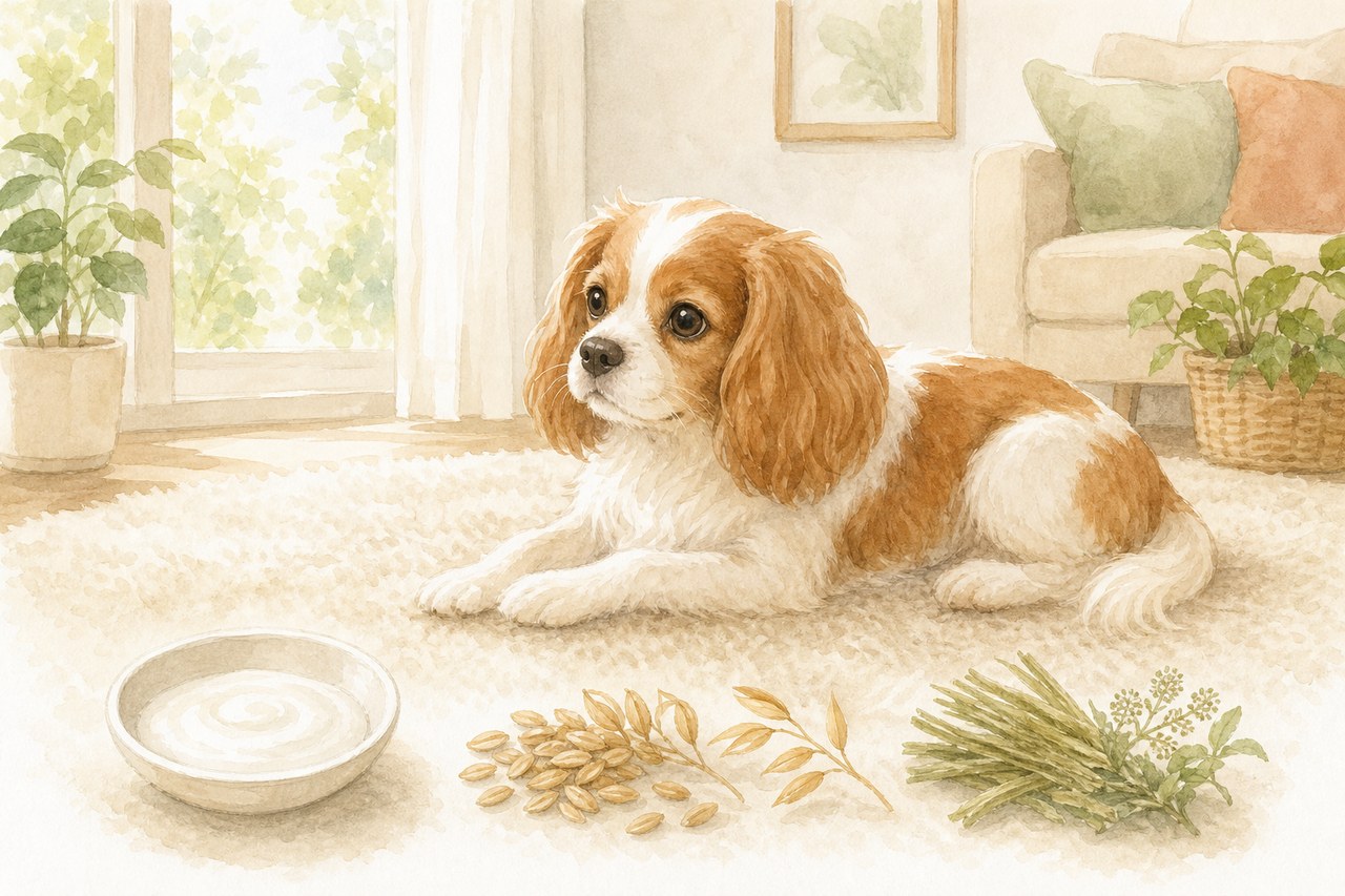 腸内環境を意識した成分をそばに置き、くつろぐ犬