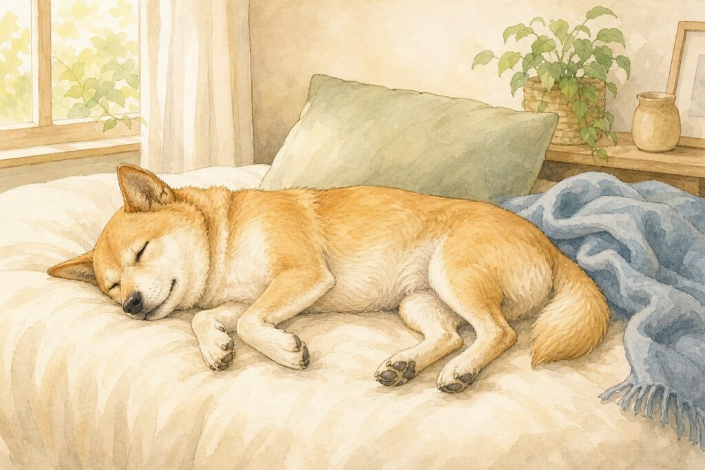 柔らかな寝床で横向きに眠る穏やかな犬