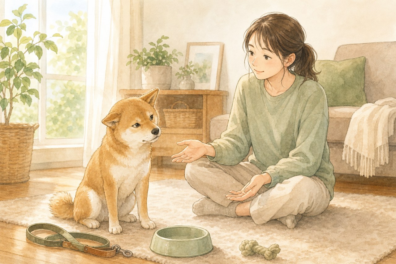戸惑う犬に穏やかに寄り添う飼い主