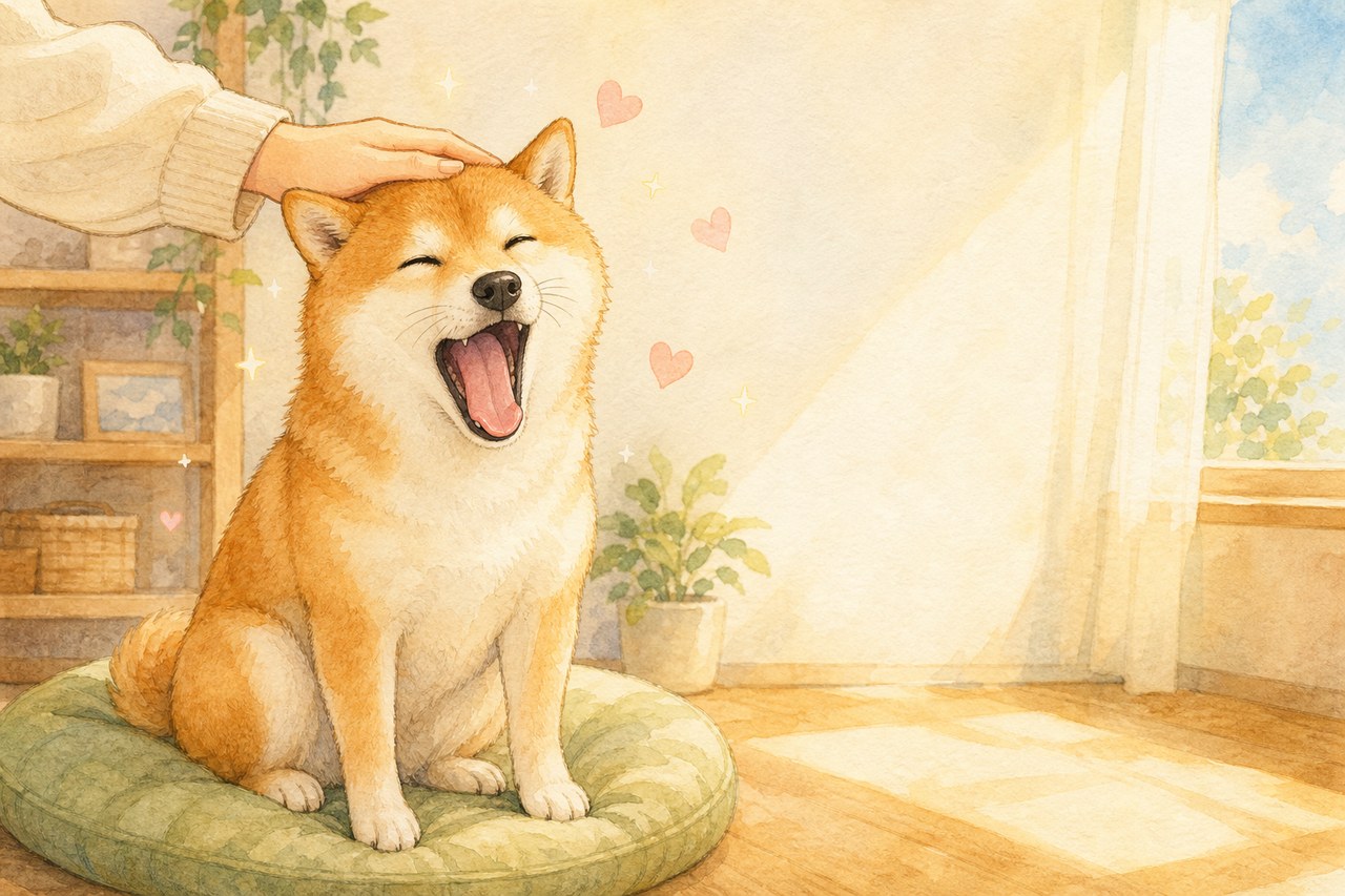 日だまりで撫でられて気持ちよさそうにあくびをする犬