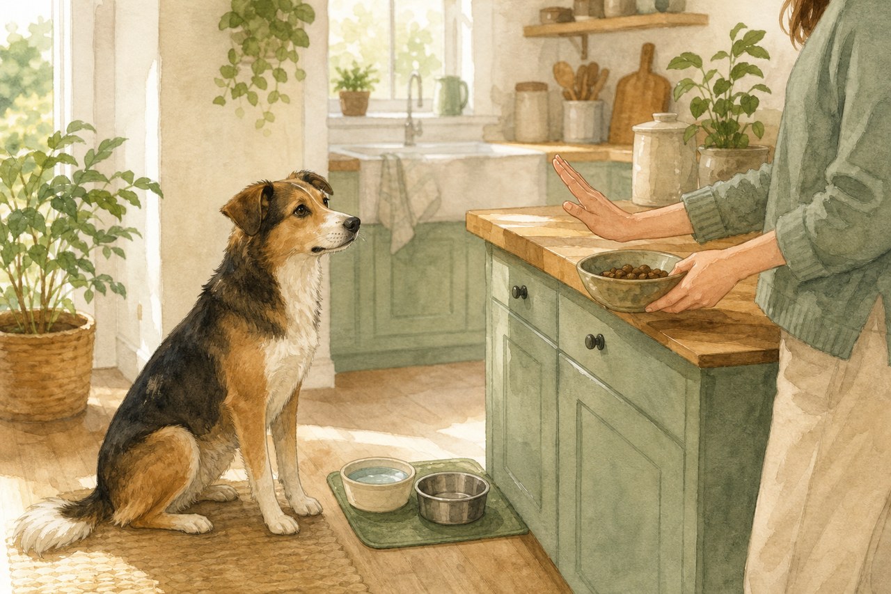 キッチンで合図を待つ犬と、食事を準備する飼い主
