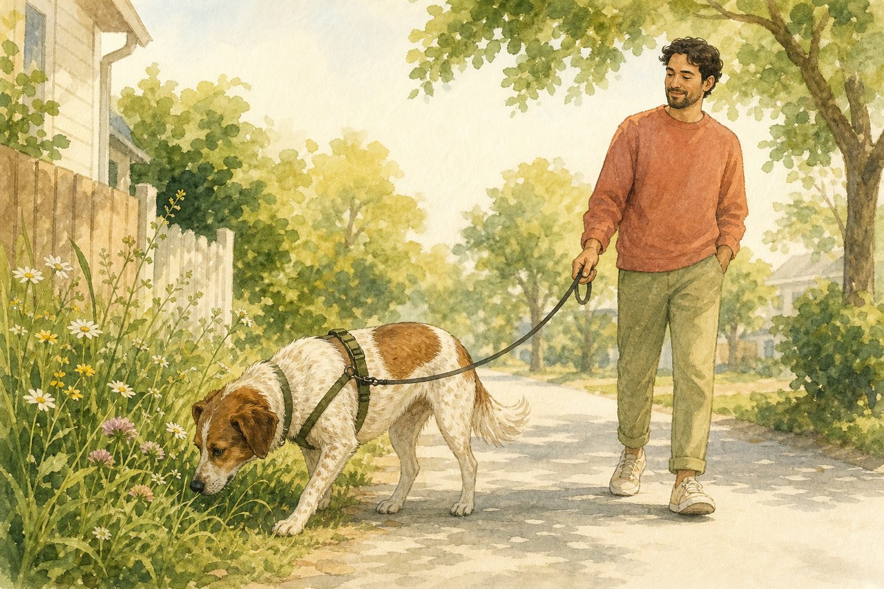 散歩中、草のにおいを嗅ぐ犬を飼い主がゆるいリードで見守る