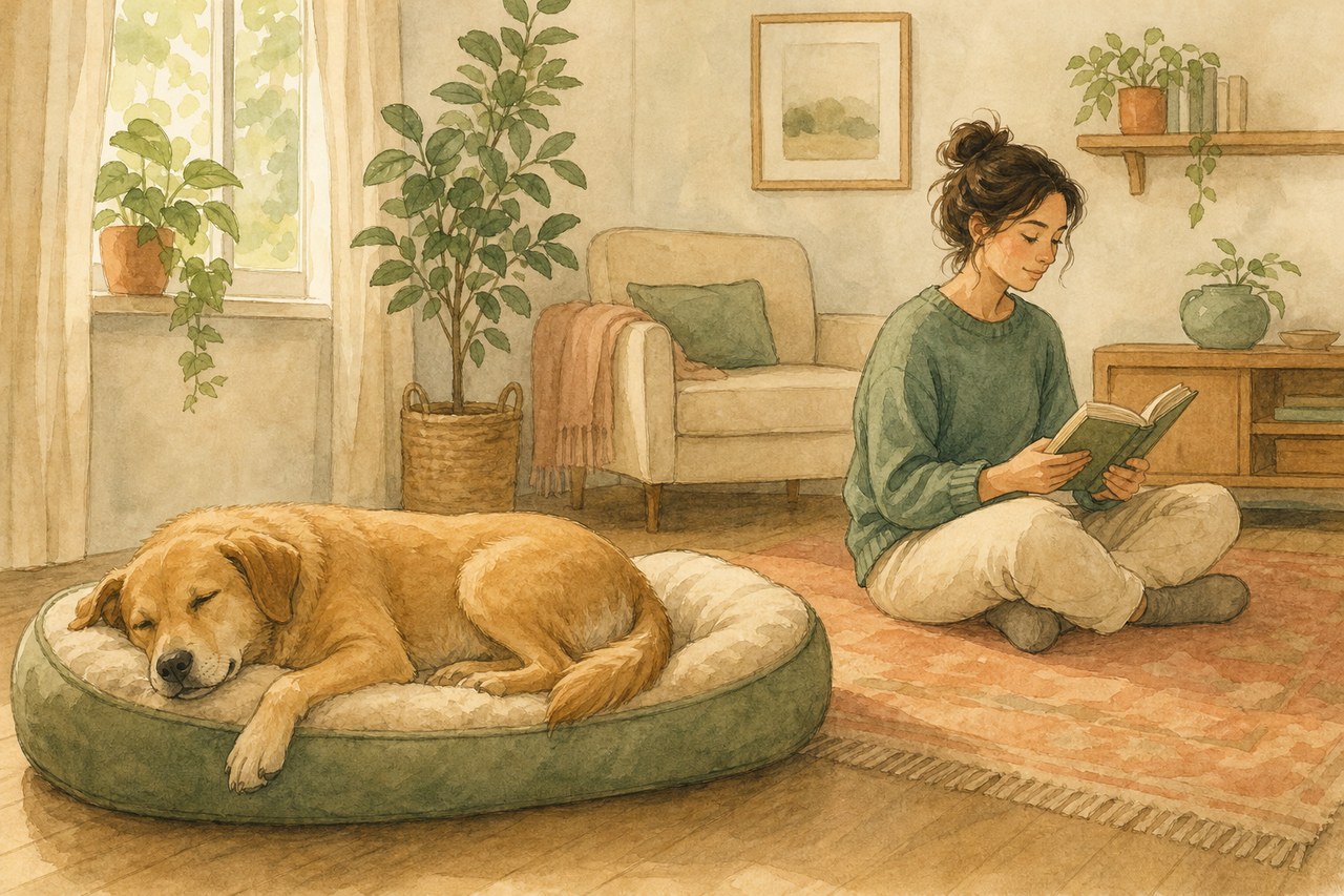 自分のベッドで休む犬のそばで、飼い主が静かに本を読んでいる
