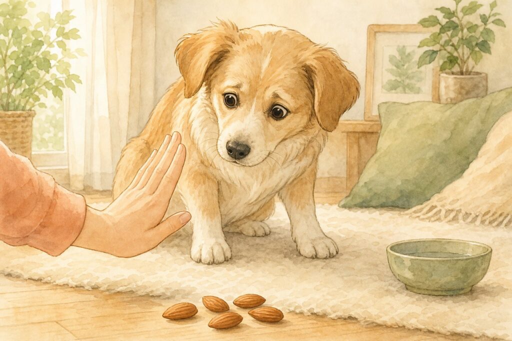 アーモンドに近づく犬を飼い主がそっと守るイラスト