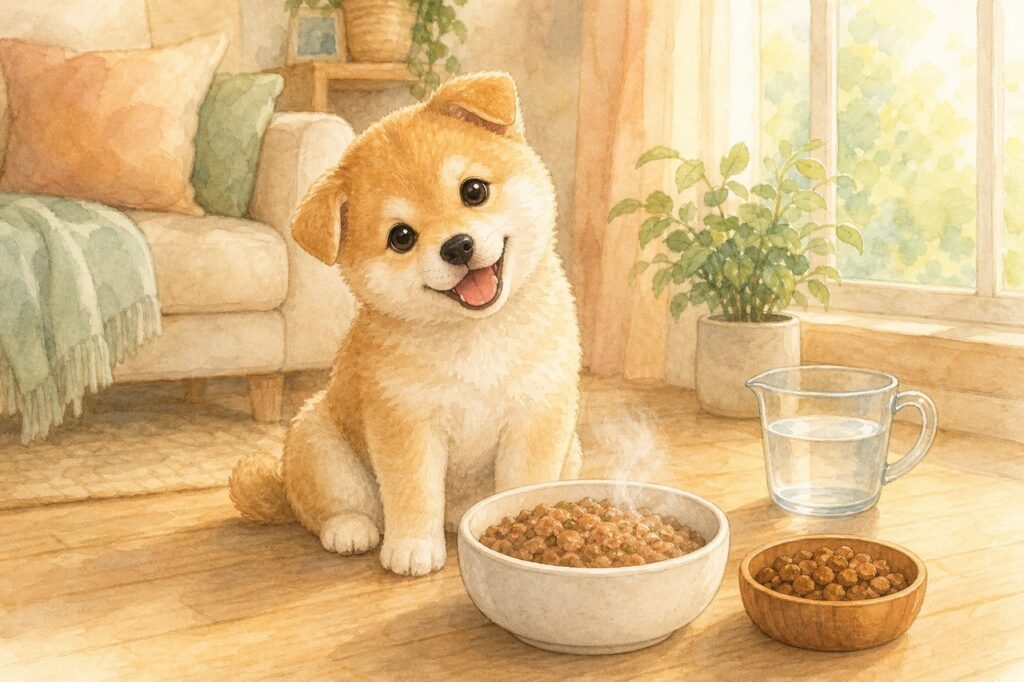 ふやかしフードとカリカリの前で見上げる子犬