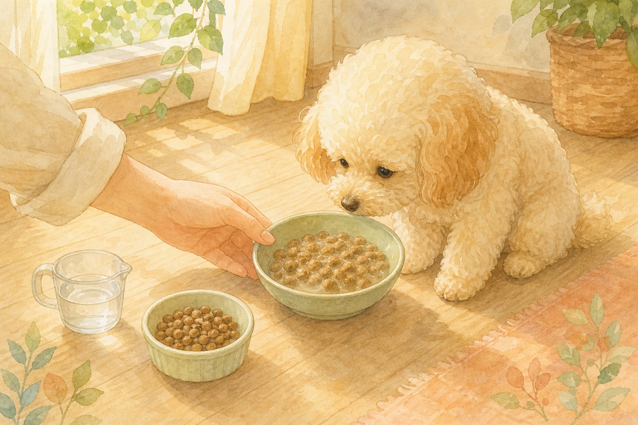 子犬に半ふやかしのフードをそっと出す飼い主の手
