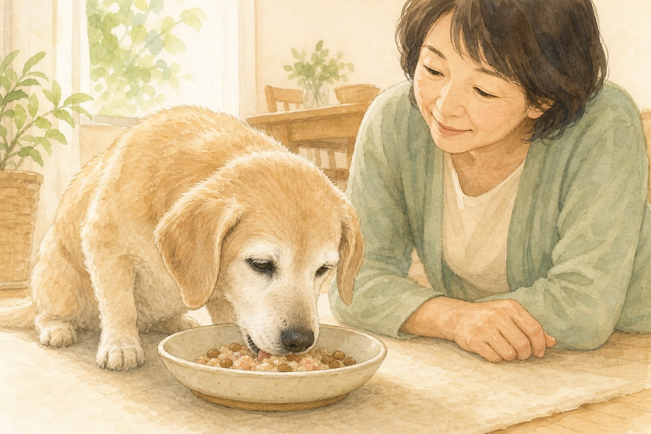 飼い主に見守られ柔らかいフードを食べるシニア犬