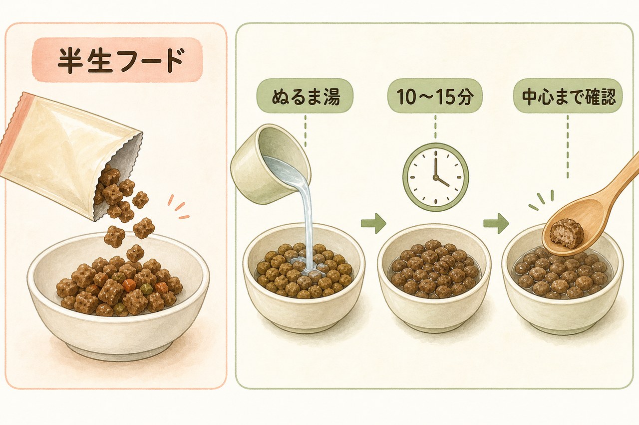 半生フードとドライフードをふやかす手順の比較