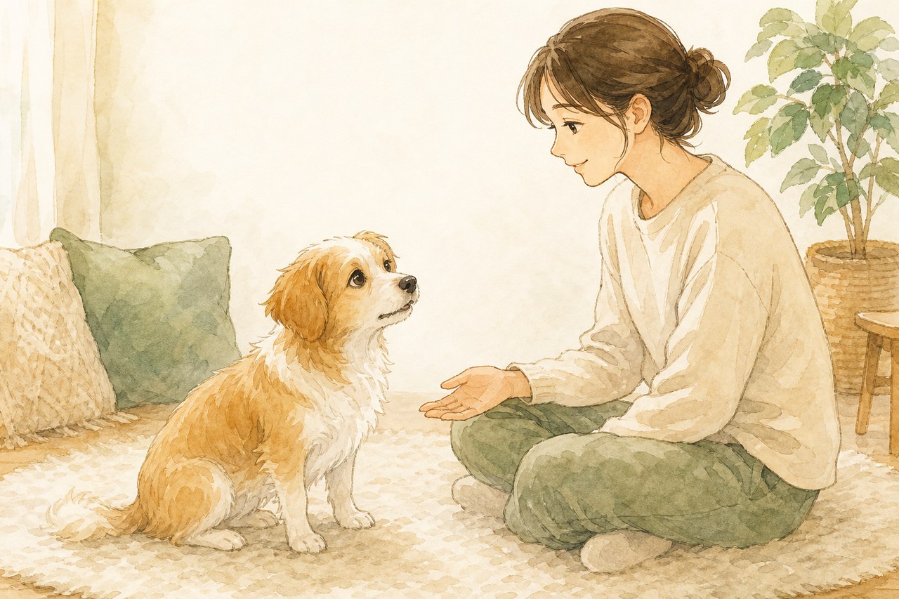 飼い主が犬の低い声に穏やかに向き合う様子