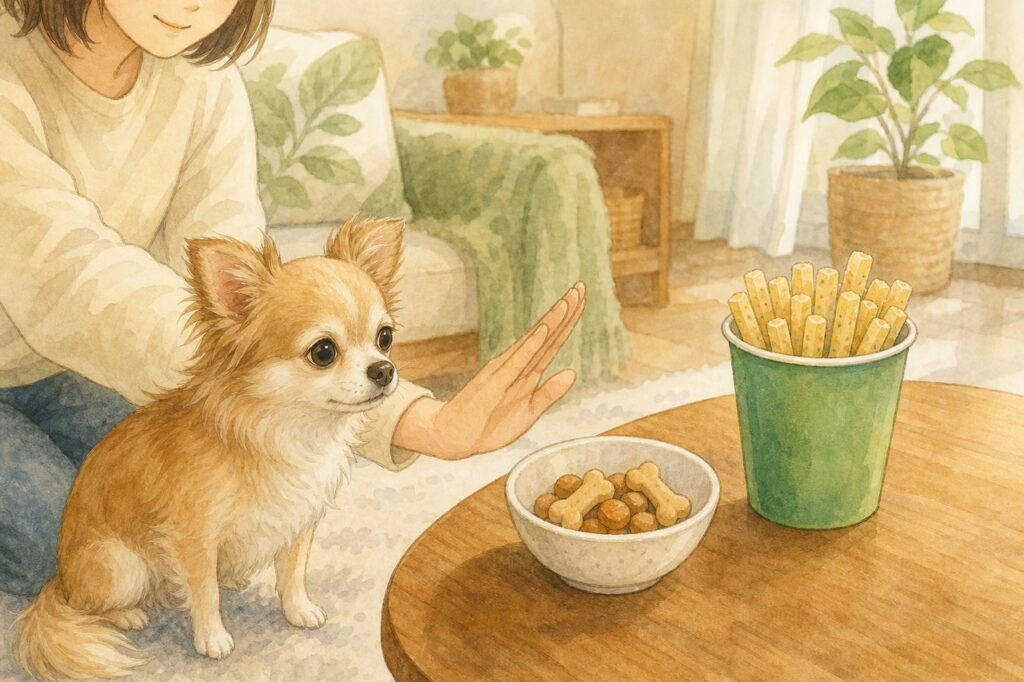 じゃがりこに近づく犬を飼い主がやさしく止めるイラスト
